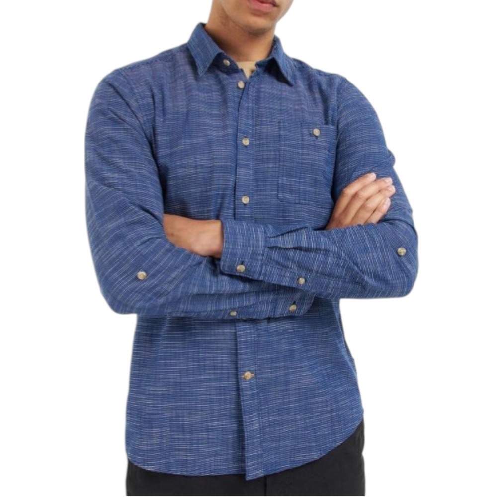 Barbour Tailored Fit Aldavik Shirt Men Medium Blue Slub Weave Cotton Long Sleeve